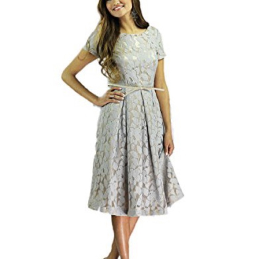 Mikarose 1940s Style Modest Dress Renee Gold & Grey Lace XS
